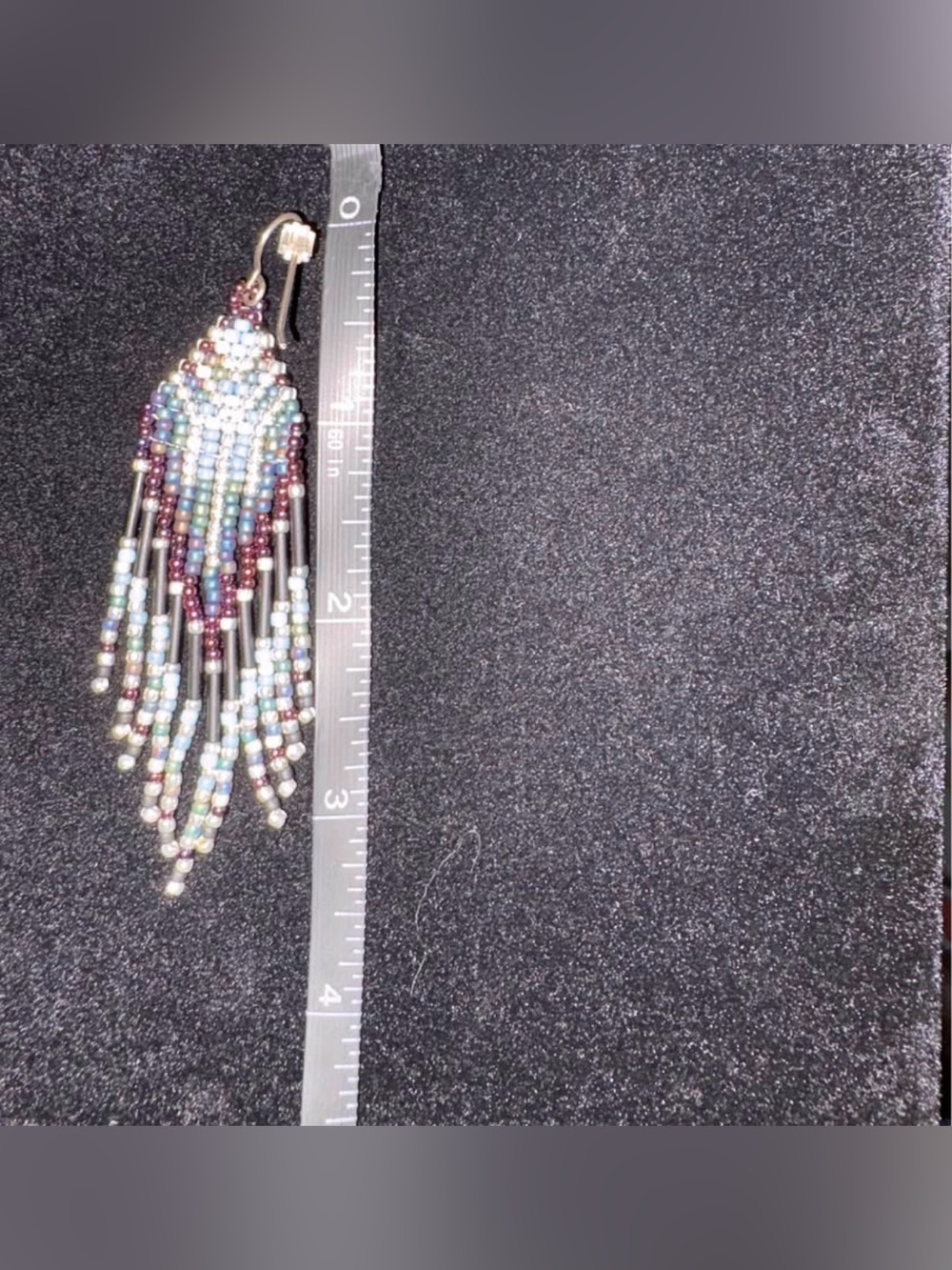 Handmade Beaded Fringe Earrings - Teal, Silver & Purple - Picture 4 of 4
